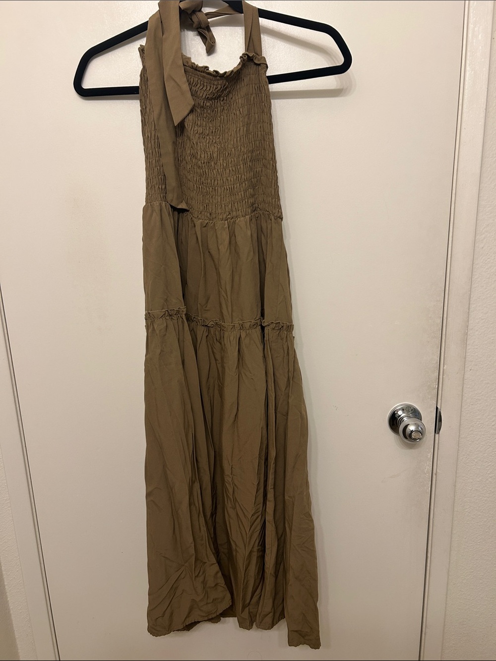 Strapless Smocked Halter Maxi Dress in Olive